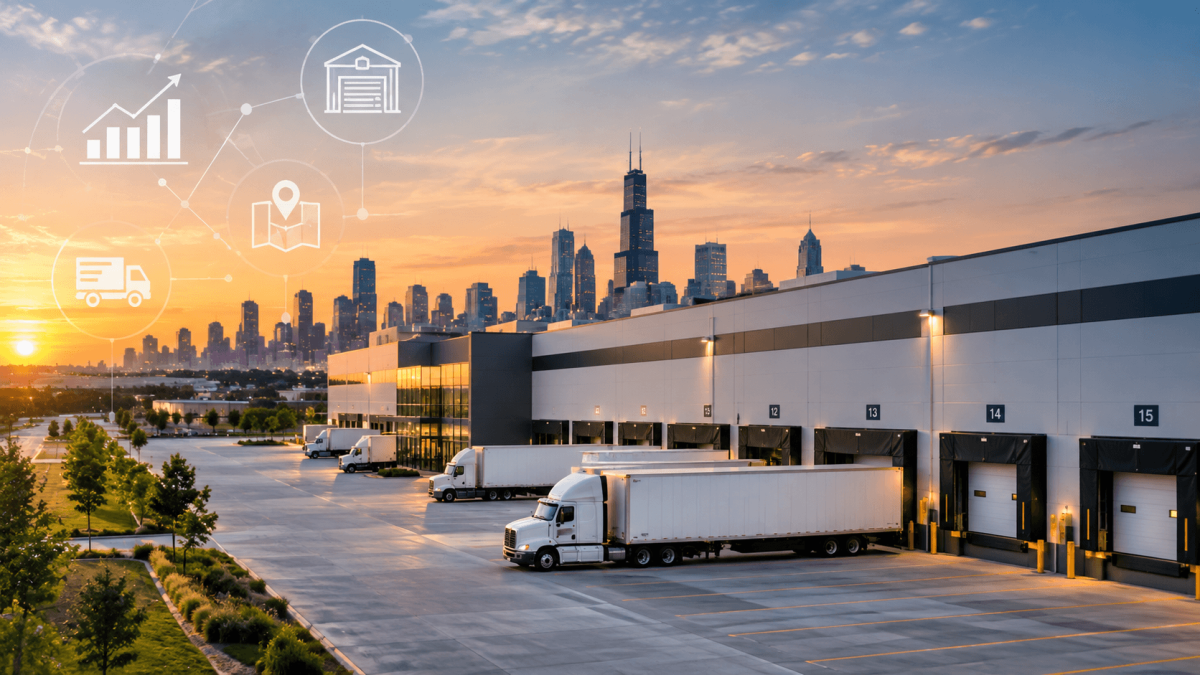 Modern industrial distribution warehouse with trucks and Chicago skyline at sunset